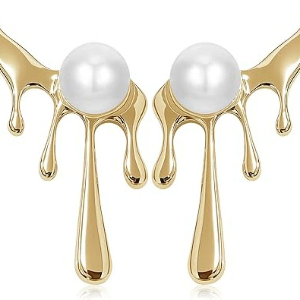 Crystal Pearl Teardrop Drop Dangle Earrings Unique Waterdrop Gold w Pearls Class